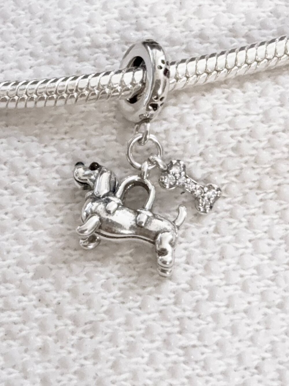 Dachshund Dog with Bone Charm  Silver Charm Fit Pandora Bracelet